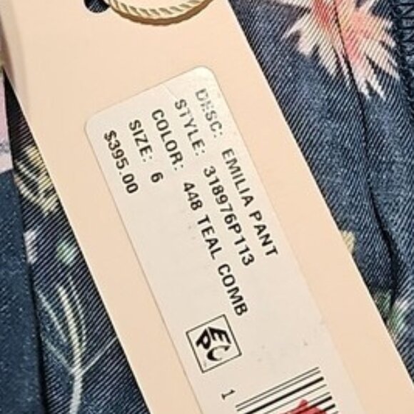 Rebecca‎ Taylor Emila Floral High Waist Silk Blend Pants Teal Size 6 New - Picture 2 of 8